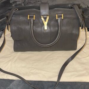 Preloved YSL cabas chyc leather satchel gray color measurements 11.5”X 8.5”